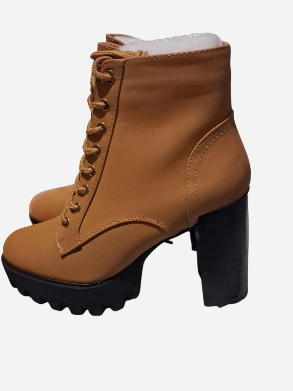 BAMBOO Tan Lace-Up Chunky Heel Platform Ankle Boots